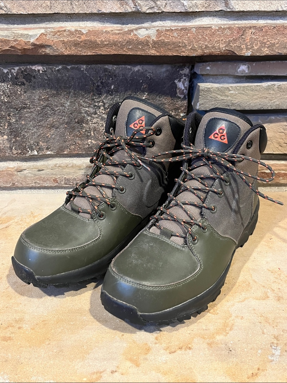 Nike ACG Air Moana Olive Green and Black Hiking Boots with Orange Accents